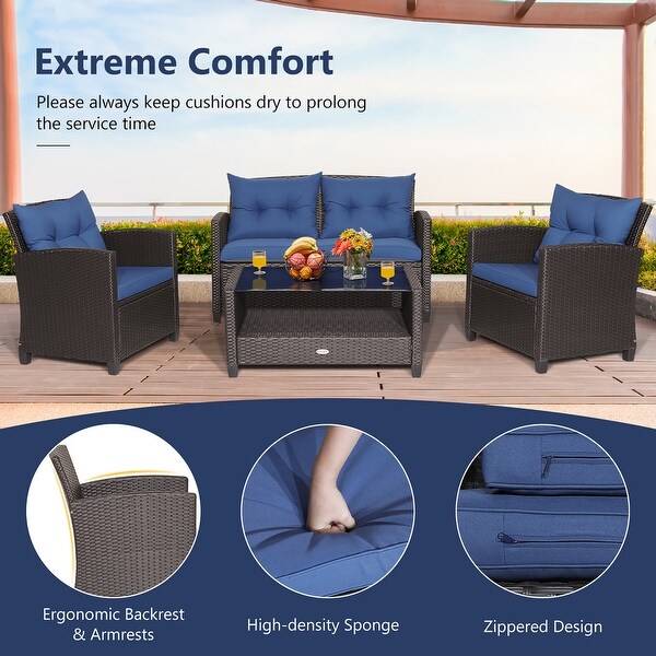 Costway 4 PCS Patio Rattan Furniture Set Glass Table Shelf Sofa