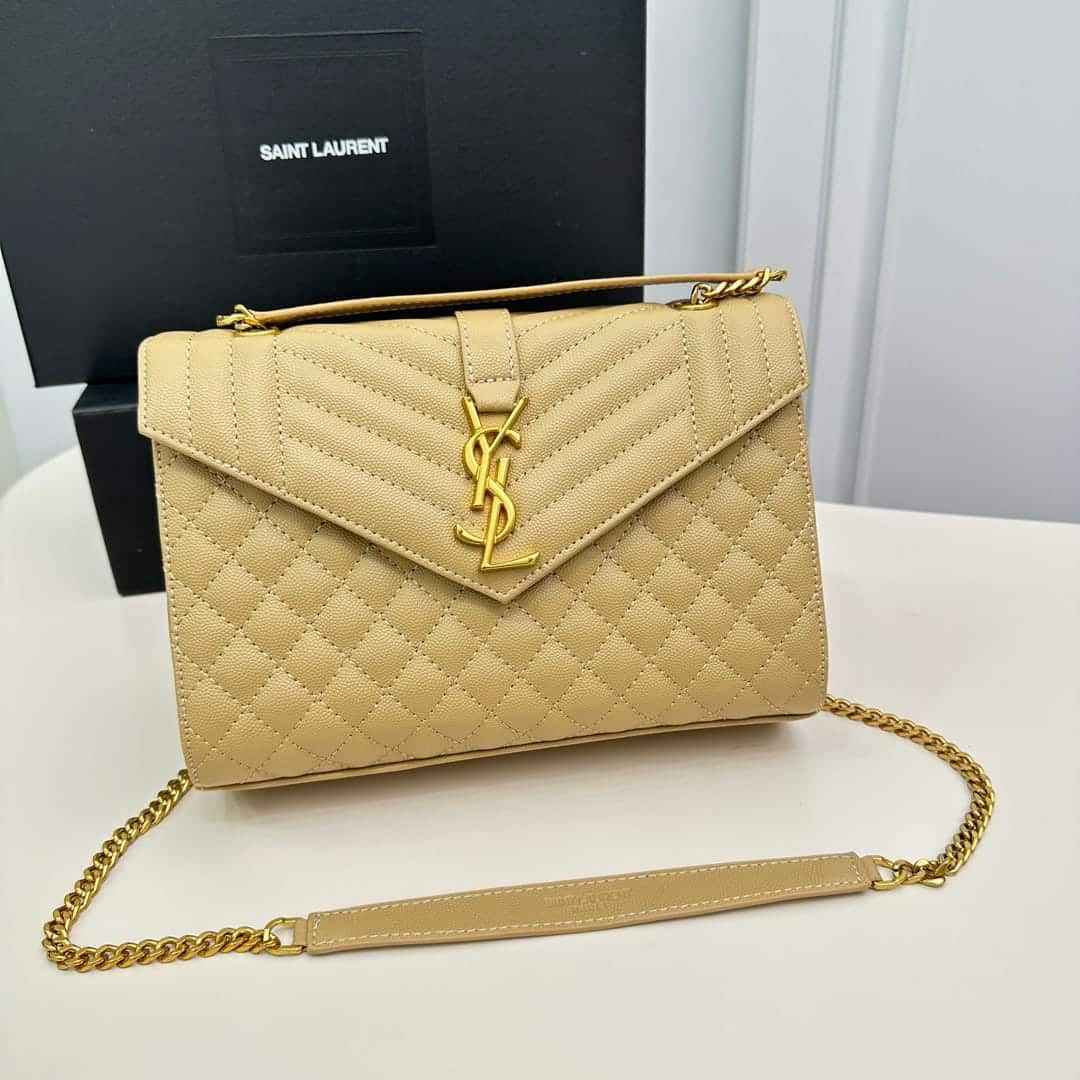 Saint Laurent Envelope Medium Chain Bag In Mix Matelasse Grain De Poudre Embossed Beige 24Cm