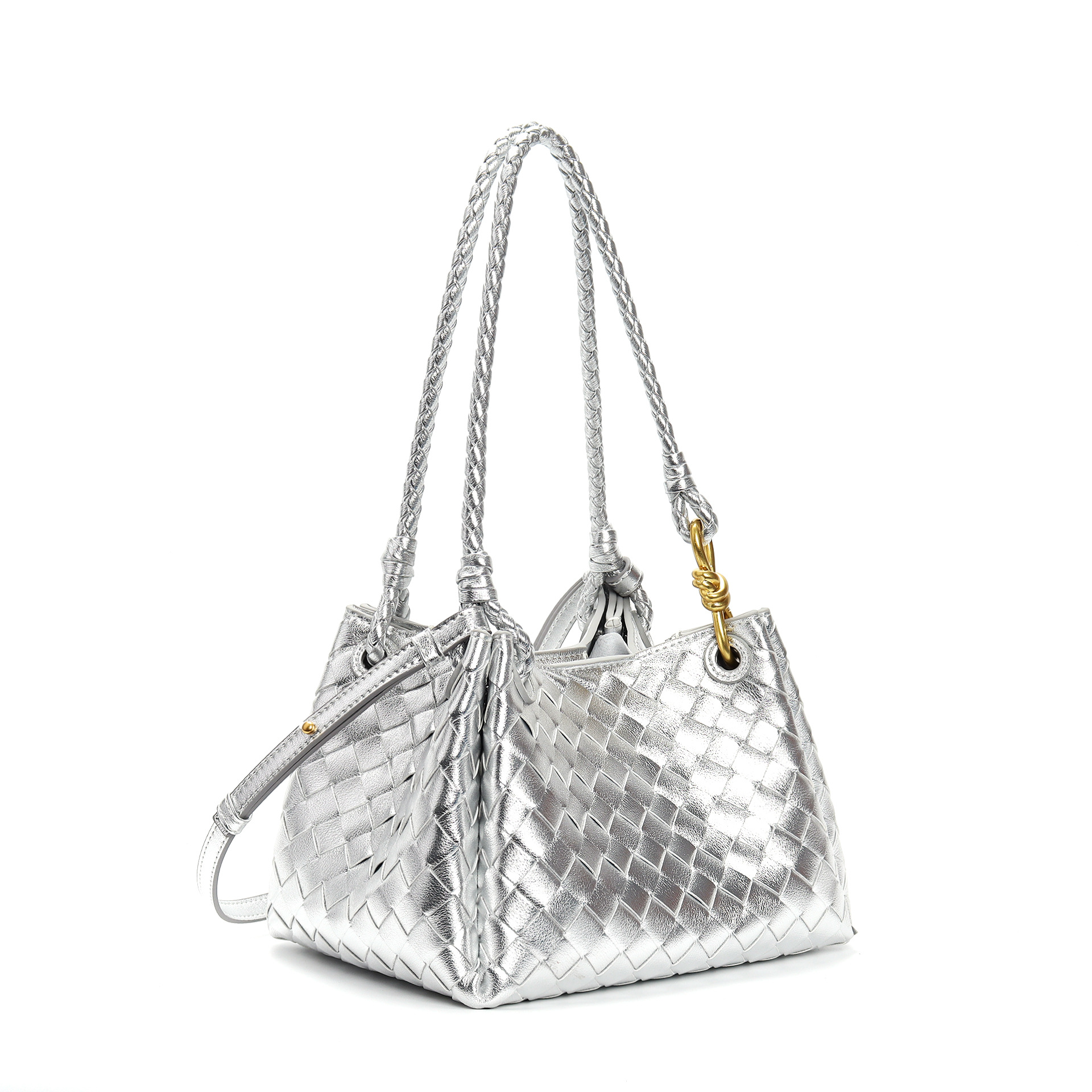 Silver Metallic Woven Leather Hobo Bag