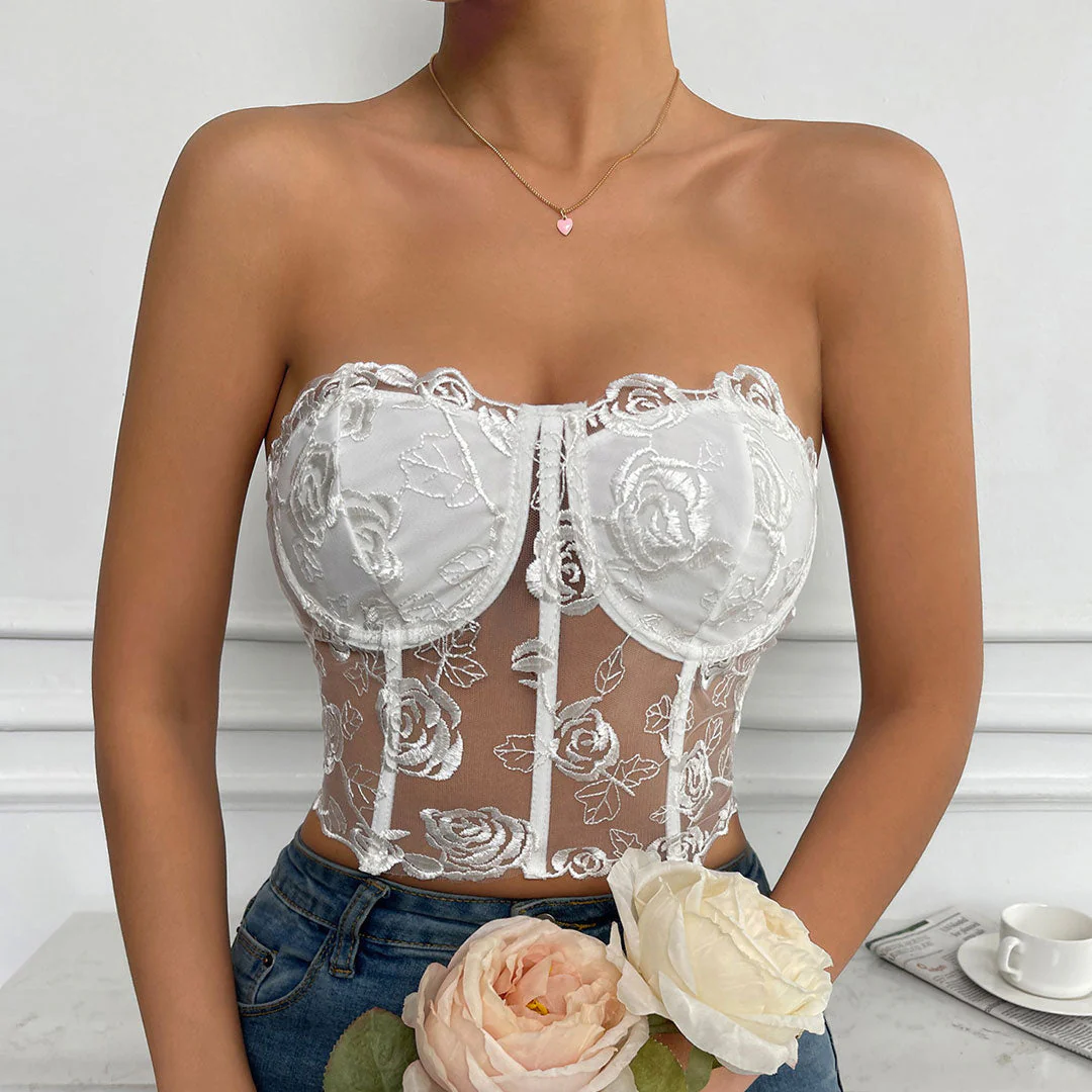 Sheer Embroidered Corset Tube TopClistos