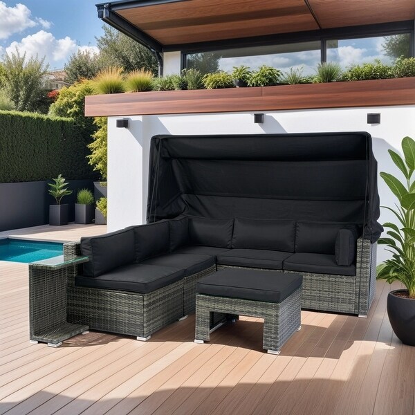 7Piece Patio Furniture Set,Retractable Canopy Rattan Sofa Set