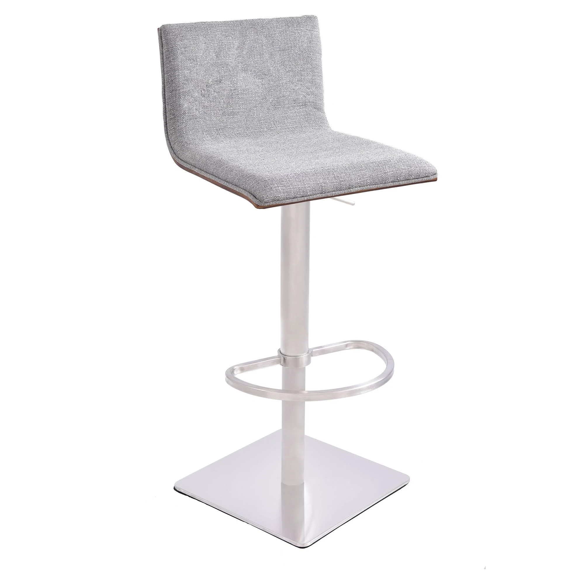 Armen Living Crystal Barstool in Brushed Stainless Steel Finish with Grey Faux Leather and Walnut Back
