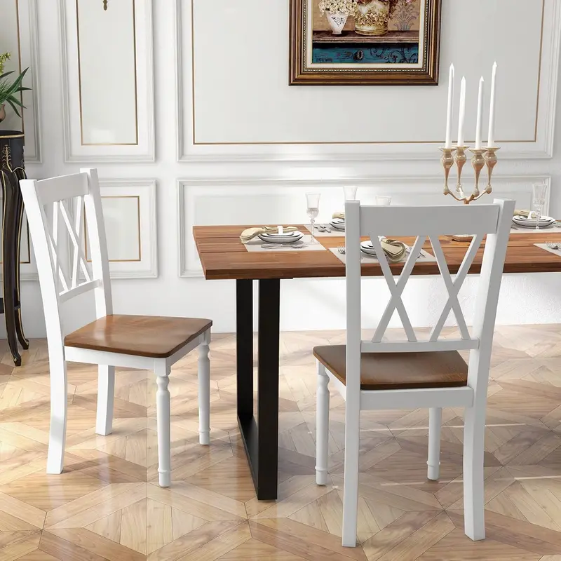 Set of 4 White Farmhouse Dining Chairs – Heavy-Duty Rubberwood Seat & Acacia Legs, High-Back Design with 360-Lb Weight Capacity