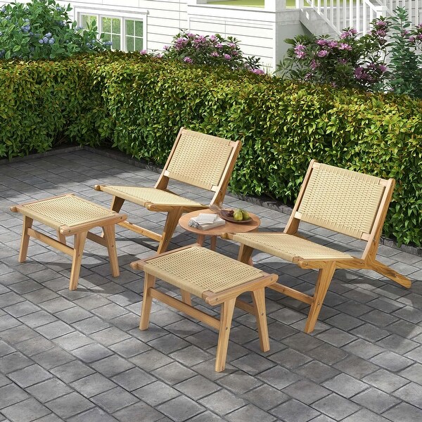 Costway Teak Wooden Chair with Braided Rope Seat and Backrest Mid