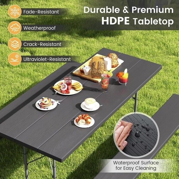 Folding Picnic Table Set with Metal Frame and AllWeather HDPE Tabletop,Umbrella Hole