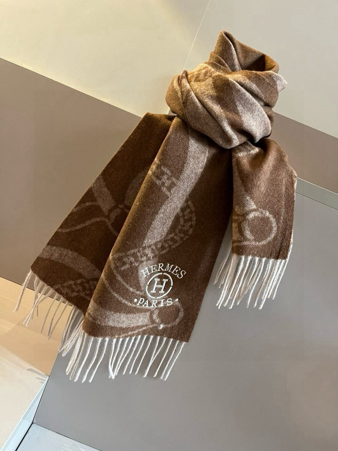 Hermes Cashmere Scarf Chain Motif Brown For Women 180cm