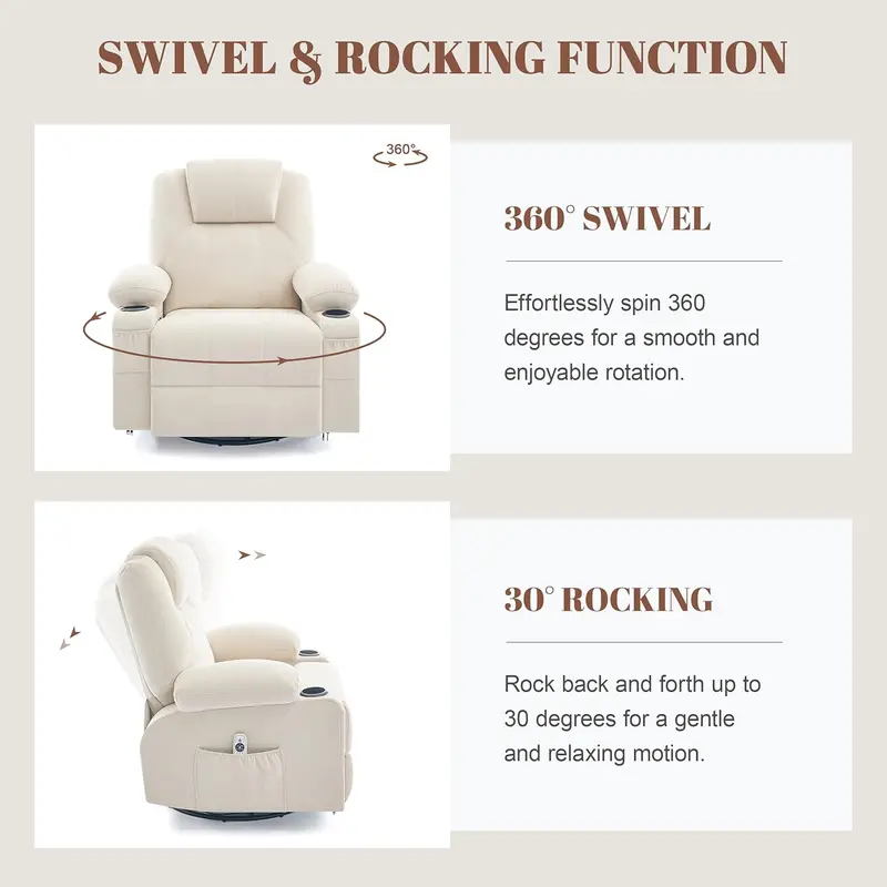 Premium Swivel Rocking Recliner – Heated & Massaging, 360° Rotation, Single-Seat Lounge Sofa