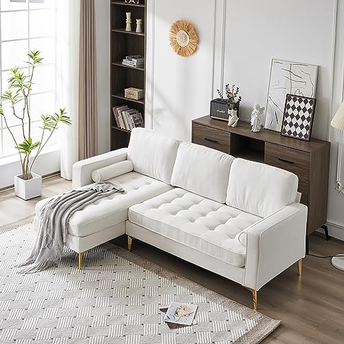 Karl home L-Shape Sectional Sofa Linen Fabric Sofa Couch Living Room Futon Couch with Reversible Chaise, Lattice Decored Seat Cushion, Beige
