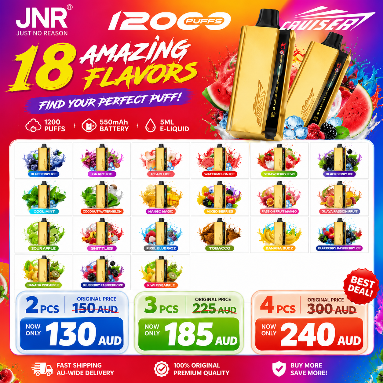 2.3.4JNR Cruiser 12000 Puffs – Sleek Disposable Vape.18+ Flavors for Ultimate Vaping Experience（Ship from Australia）