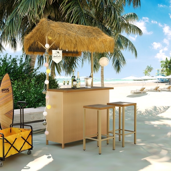 HawaiianStyle Tiki Bar Patio Set,3 Piece Wicker Islander Set,Outdoor Bar Table and Stools,Storage,Bistro Set for Beach