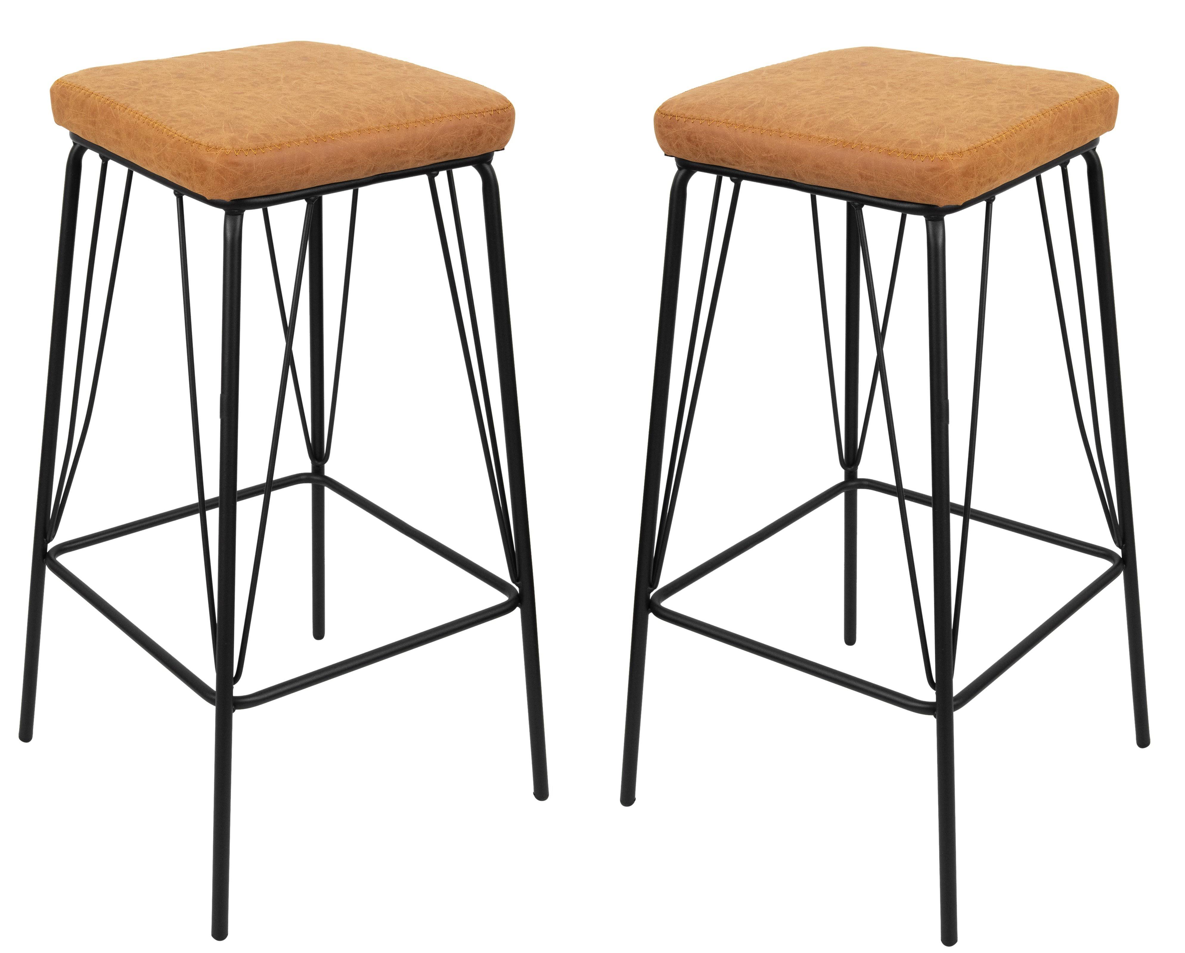 LeisureMod Millard Leather Bar Stool with Metal Frame Charcoal Black / Set of 2