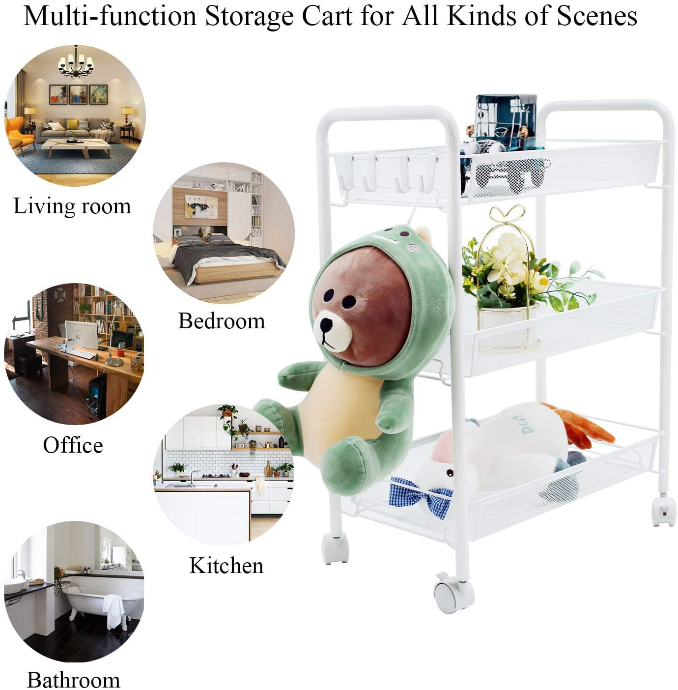 3 Tier Rolling Kitchen Storage Utility Cart on Wheels Multifunction Basket Stand Shelf for Bathroom Office, Full Metal Storage Art Trolley Craft Carts White