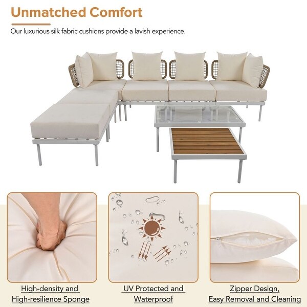 8Piece Patio Sectional Sofa Set with Tempered Glass Coffee Table and Wooden Coffee Table