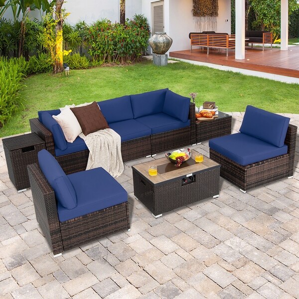 Costway 8PCS Patio Rattan Furniture Set Fire Pit Table Tank Holder
