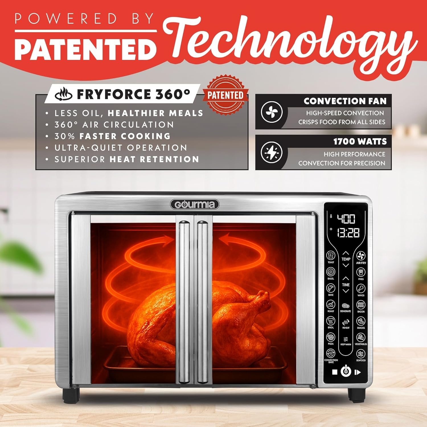 French Door Air Fryer – 25 Qt Large Capacity Convection Oven, Fryfroce 360°, Digital Display with 17 Cooking Presets, Bake, Toast, Roast, Dehydrate, Fits 12” Pizza
