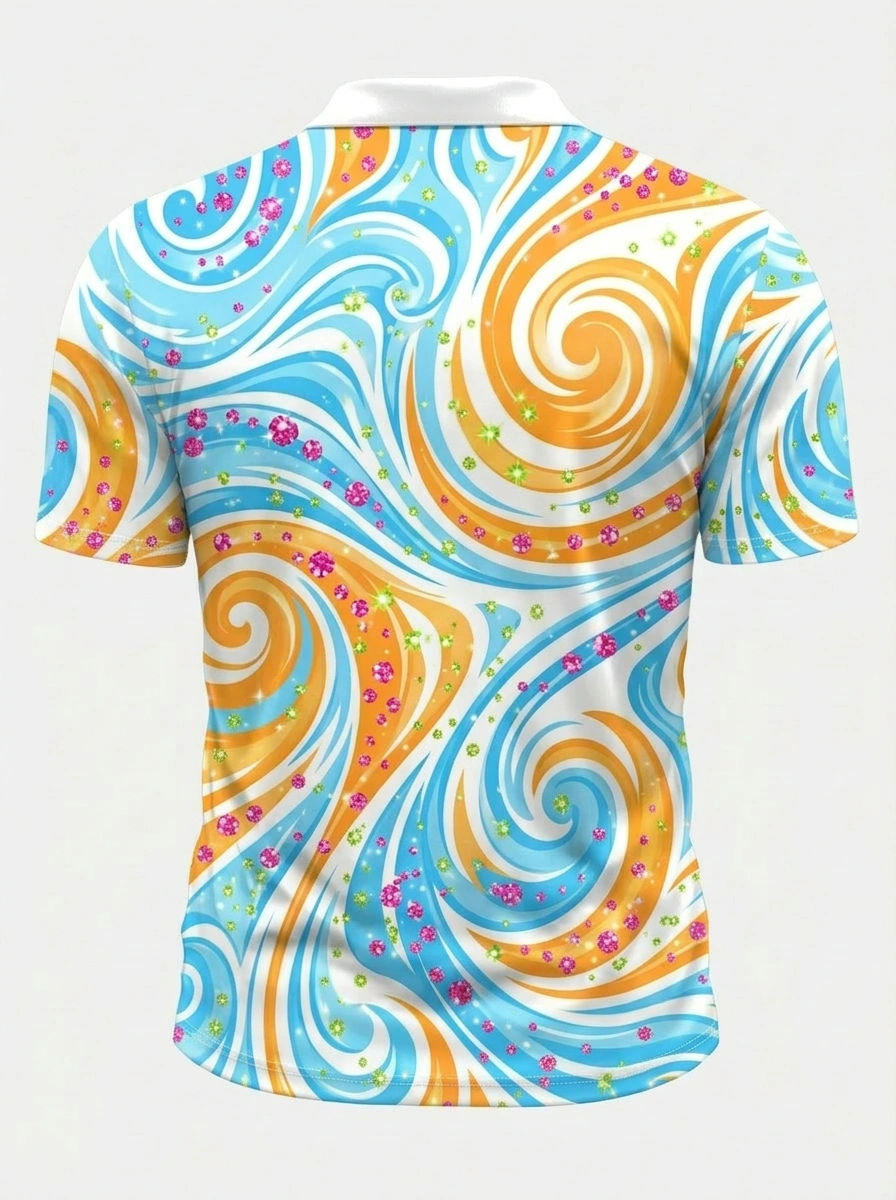 Moisture Wicking Golf Polo 3D Blue Orange Wave Gem Button Short Sleeve Golf Polo Shirt