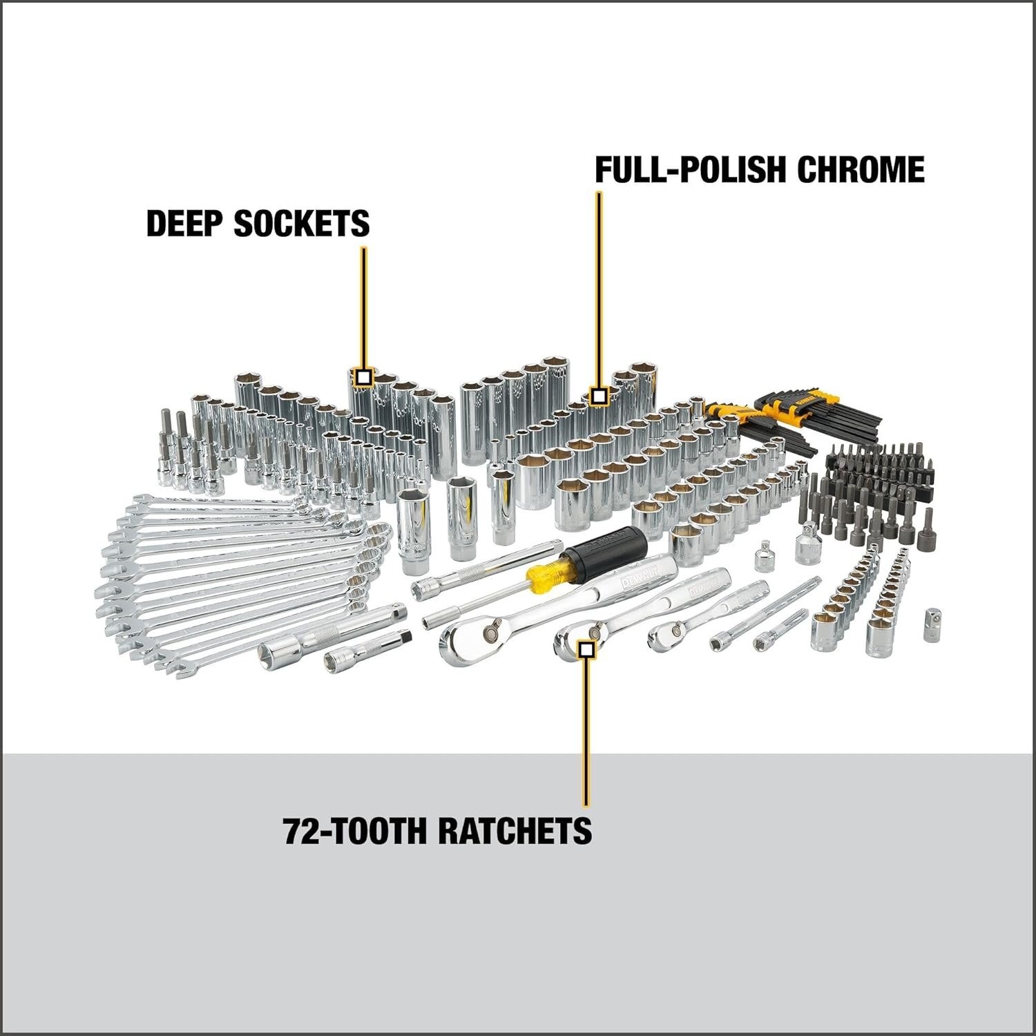 Mechanic Tool Set, 247-Piece, 1/4 in., 3/8 in. and 1/2 in. Drive, SAE, Ratchets, Sockets, Hex Keys, Combination Wrenches, Polish Chrome Finish