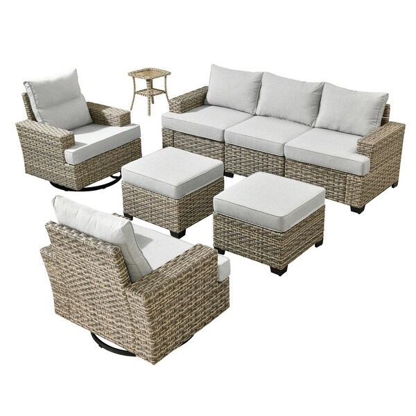 OVIOS 8 Pieces T shaped Seat Wide Armrest Swivel Chair Set With Ottoman