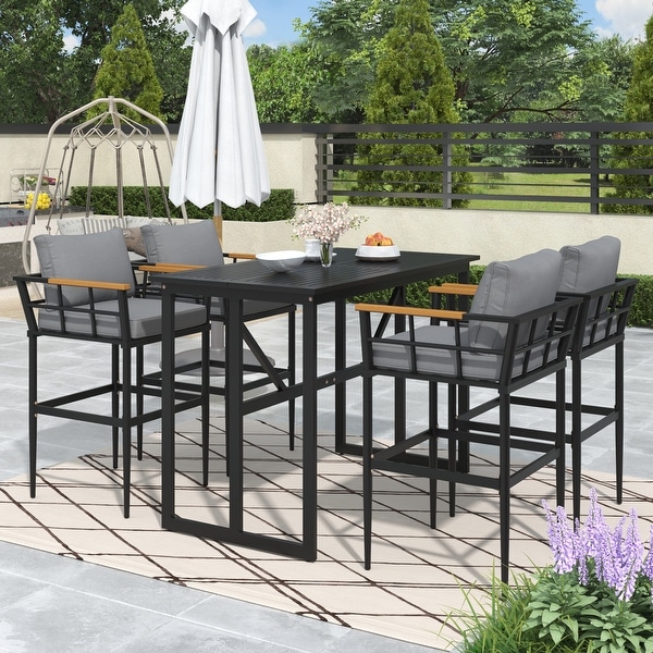 5Piece Patio Dining Table Set Outdoor Furniture with Large Table,Steel and Acacia Wood Ideal for Outdoor Spaces