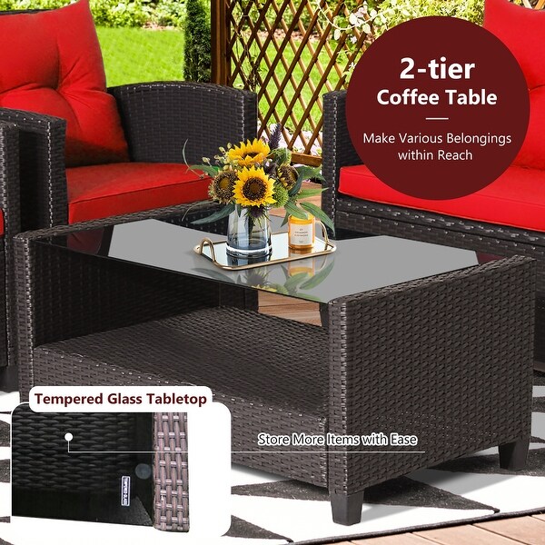 Costway 4 PCS Patio Rattan Furniture Set Glass Table Shelf Sofa