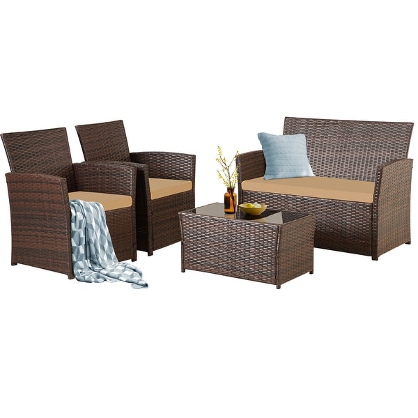 4 PCS Wicker Patio Conversation Set Rattan Seating Sofa Chair