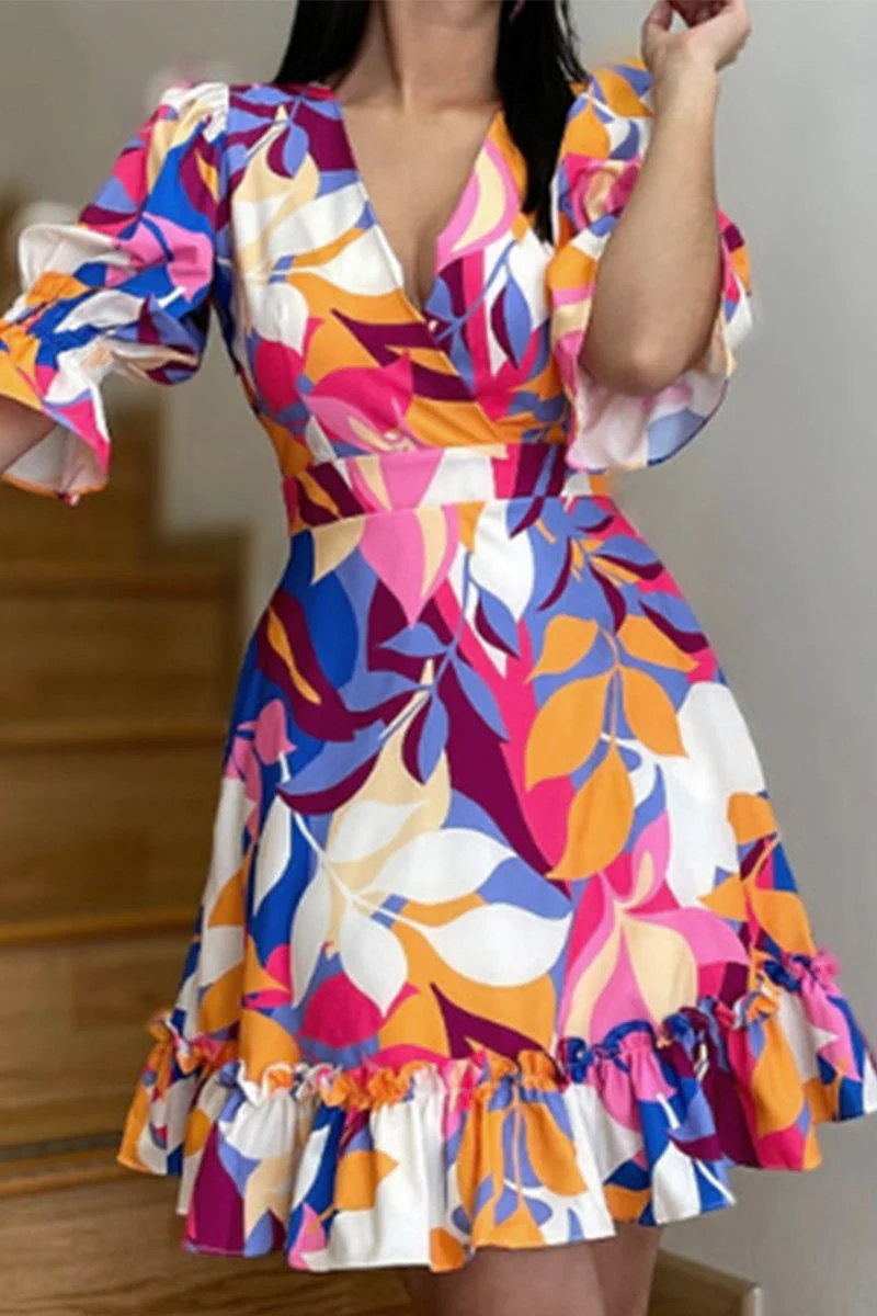 Floral Ruffled V-Neck Fit & Flare DressClistos