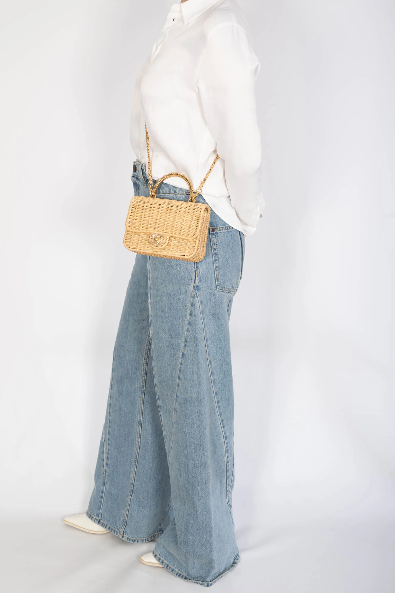 Chanel Mini Flap Bag with Top Handle Beige Braided Rattan Gold-Tone Hardware
