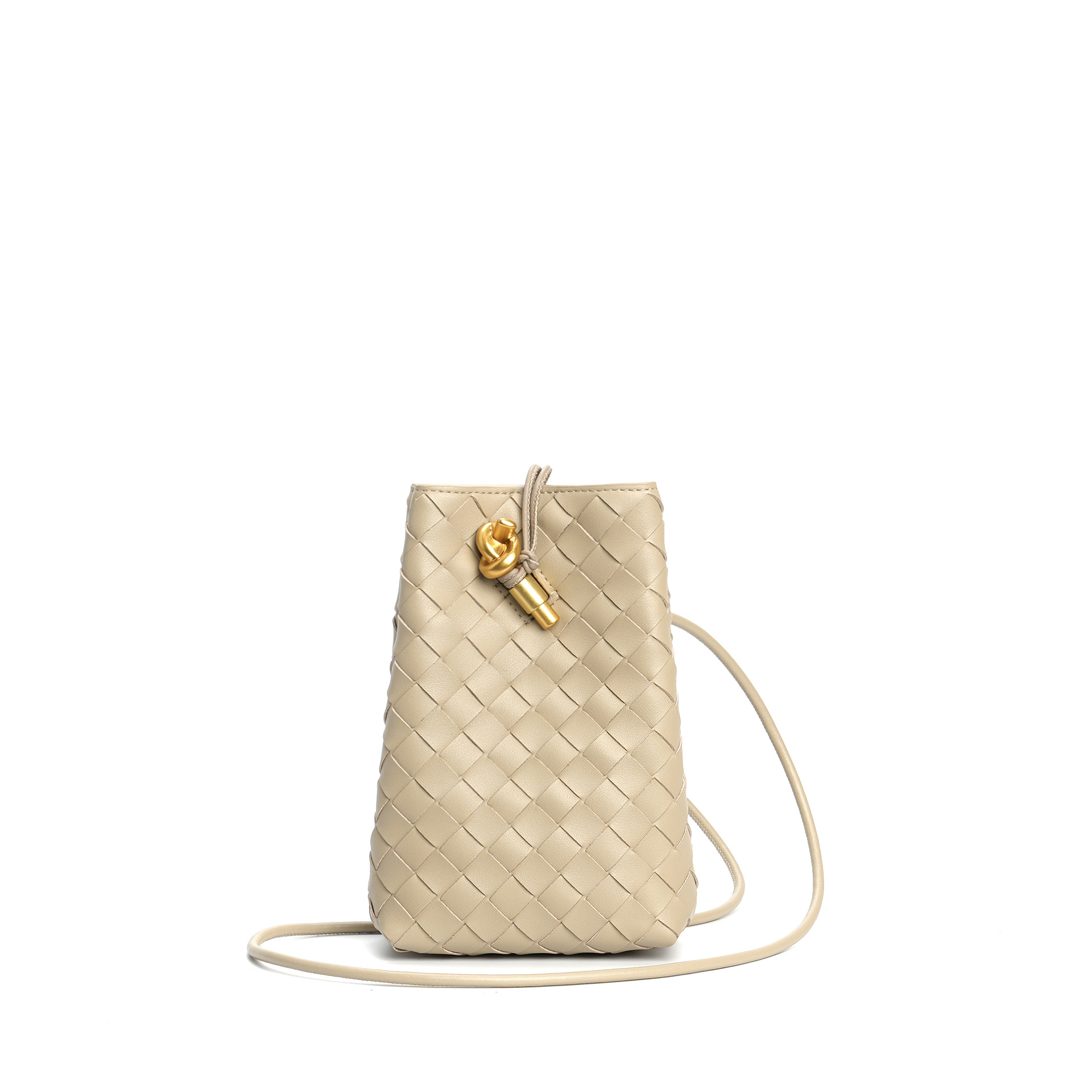 Beige Woven Leather Crossbody Bucket Bag