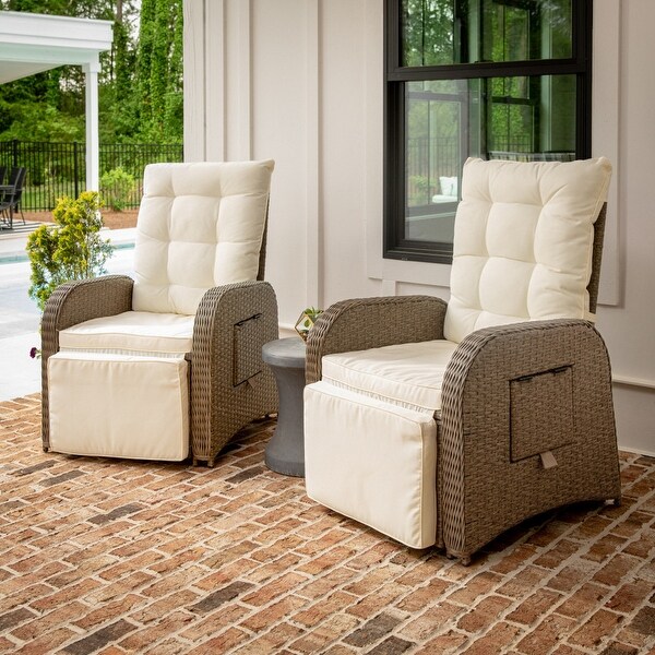 2 Pack Indoor/Outdoor Wicker Rattan Recliners with FlipUp Side Tables