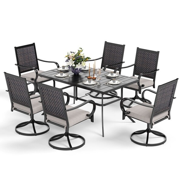 MAISON ARTS 5/7piece Patio Dining Set,4/6 Rattan Swivel Chairs with Cushion and 1 Metal Table with Umbrella Hole