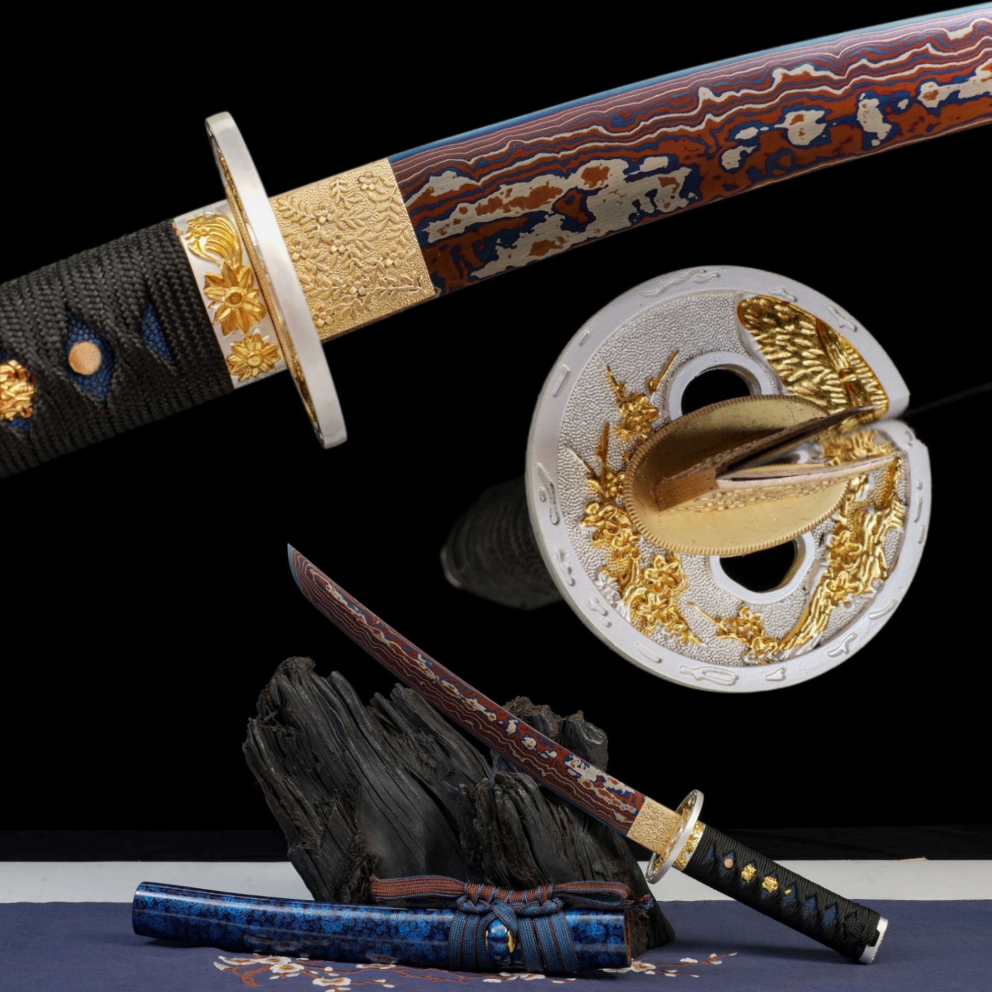 Handmade Japanese Tanto Damascus Blue Blade Meteorite Full Tang