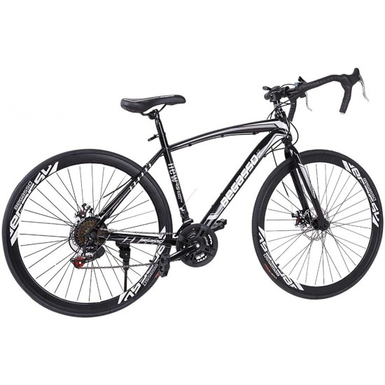 Aluminum Road Bike, 21 Speed Disc Brakes Aluminum Frame Road Bicycles Full Suspension Road Bike, 700c Dual Disk Brake Quick Release Racing Bicycles (White/Black)