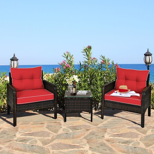 Gymax 3PCS Patio Outdoor Rattan Furniture Set w/ Coffee Table Red