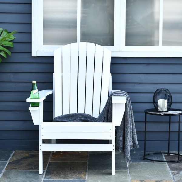 Outsunny Ergonomic White Wood Adirondack Lounge Chair with Cup Holder