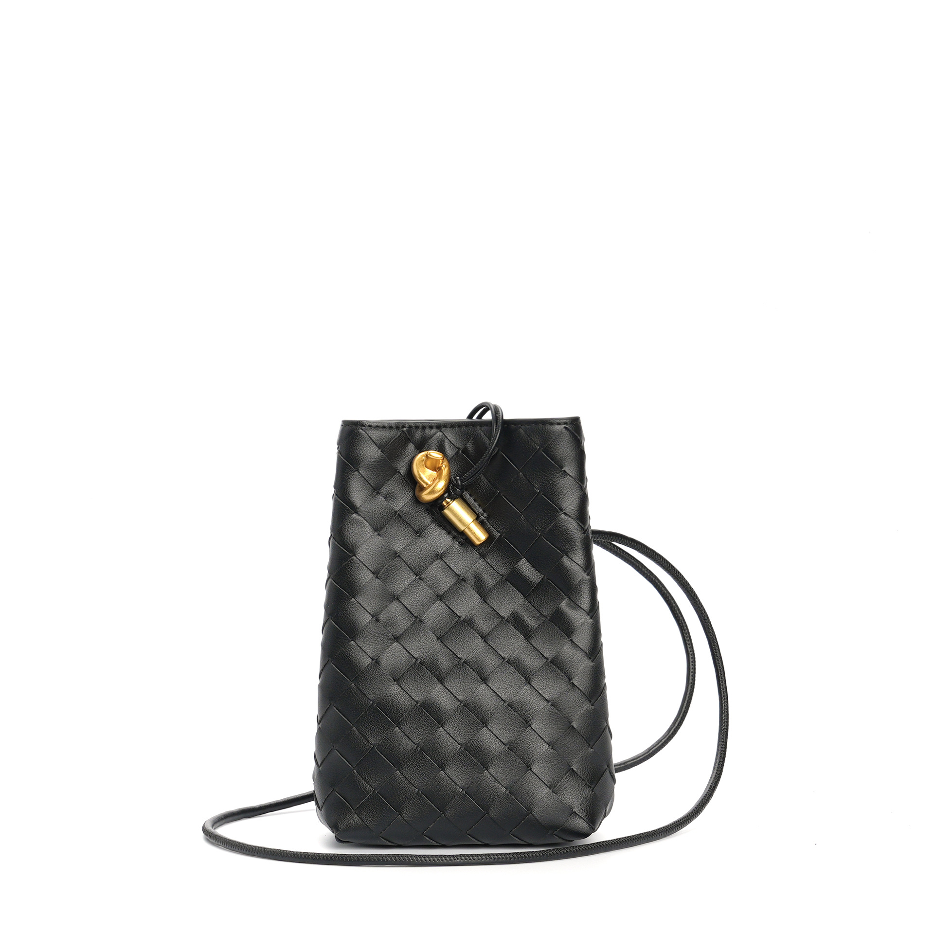 Black Woven Leather Crossbody Bucket Bag