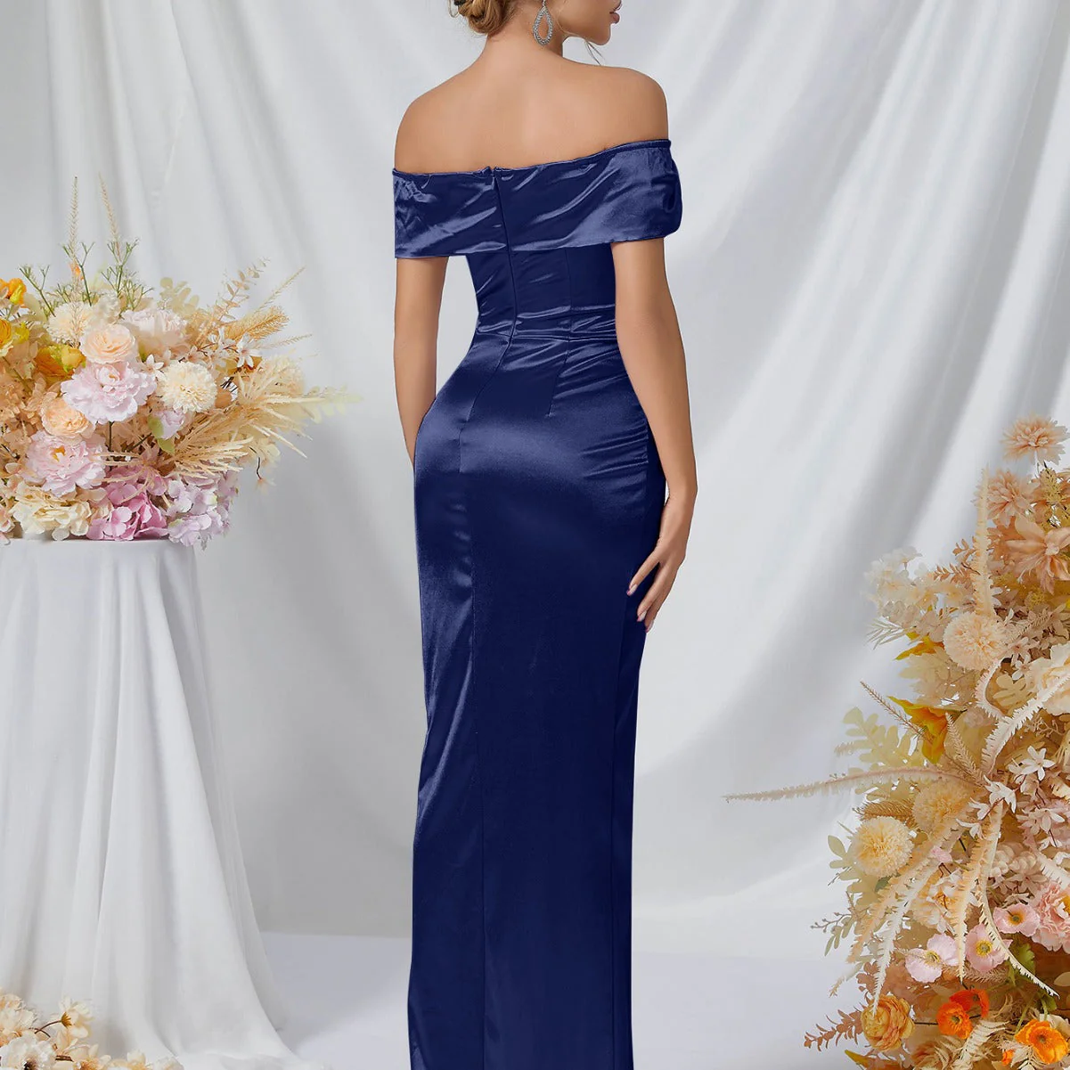 Off Shoulder High Slit Satin Maxi DressClistos