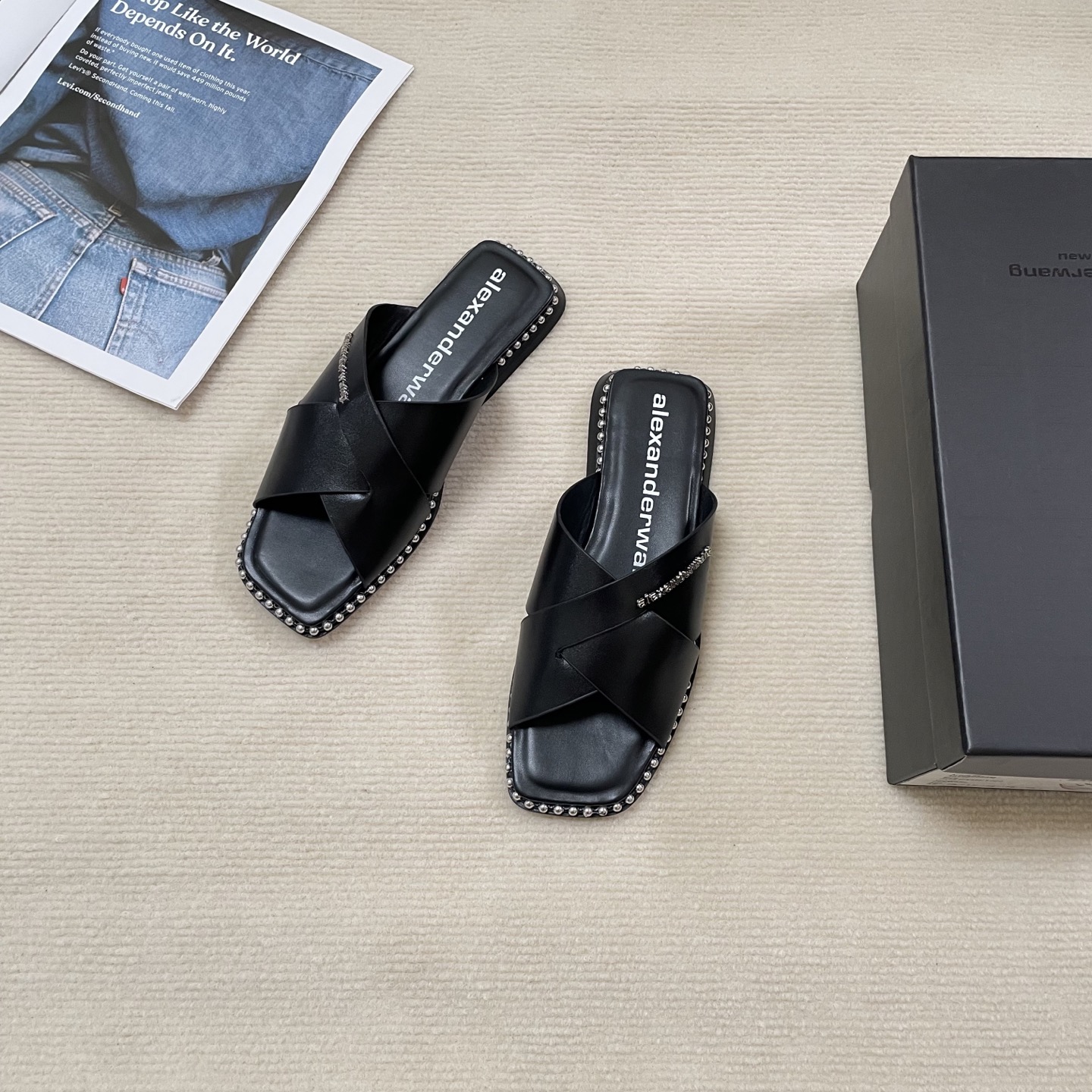 Alexander Wang steel bead cross flat slides - cnluxepick