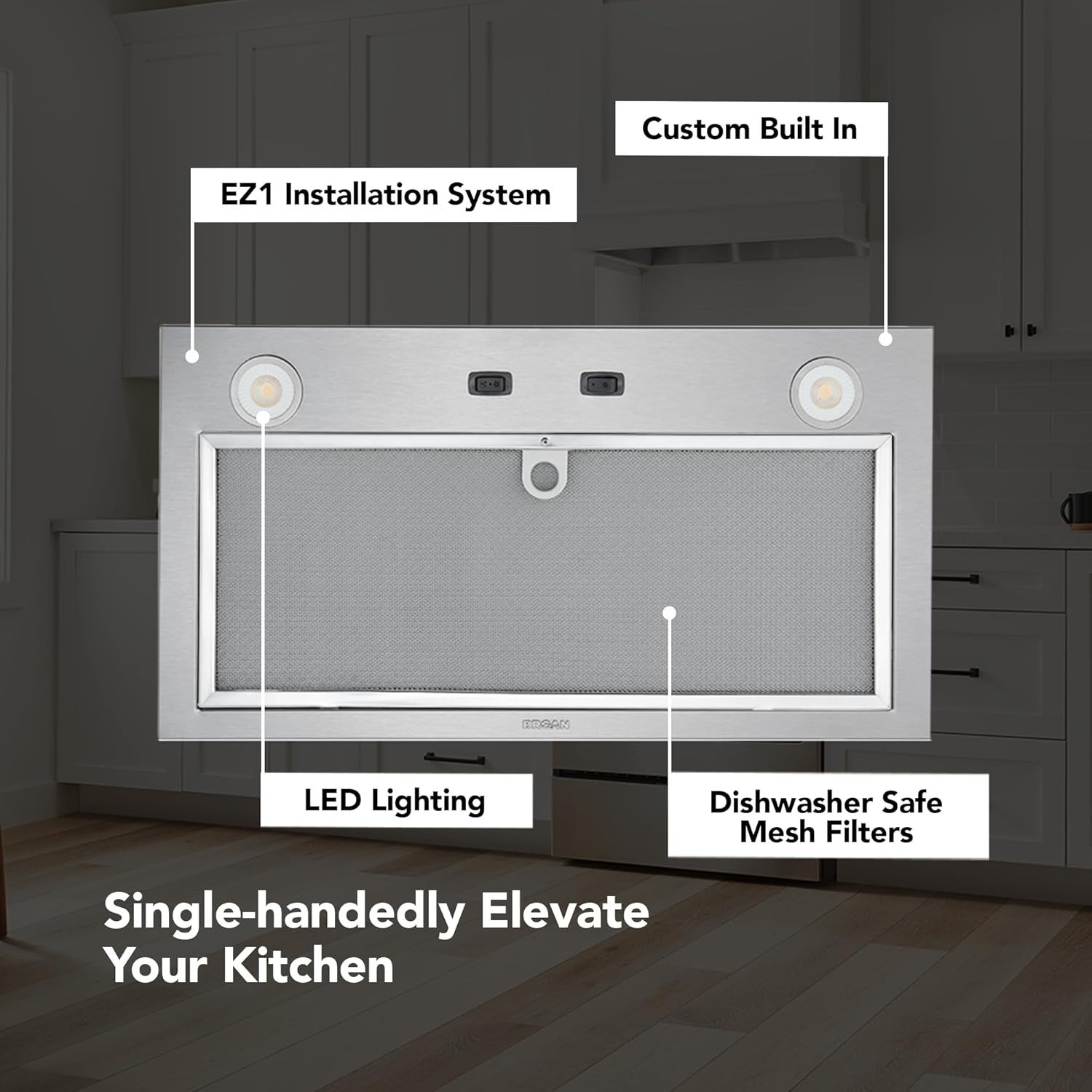 Power Pack Range Hood Insert with 2-Speed Exhaust Fan and Light, 300 Max Blower CFM, Stainless Steel, 21-Inch Built