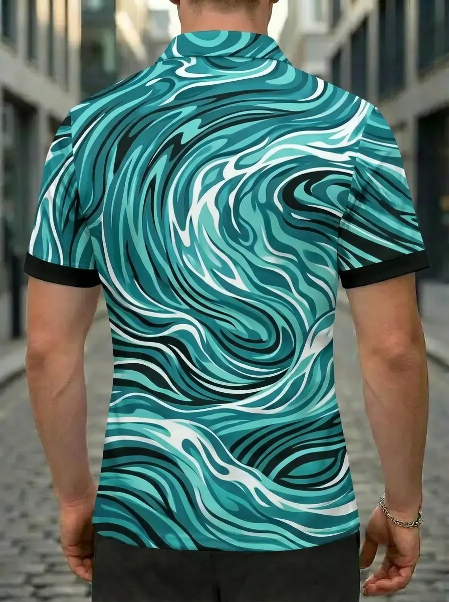 Moisture Wicking Golf Polo 3D Teal Black White Swirl Wave Button Short Sleeve Golf Polo Shirt