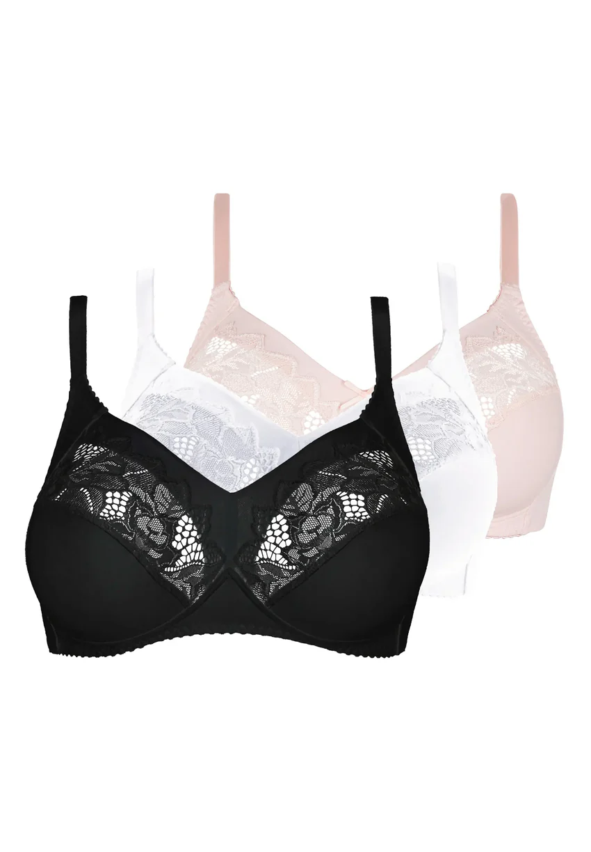 Lot de 3 soutiens-gorge Coton d'Arum Noir, Blanc et Rose Pivoine d'Argent