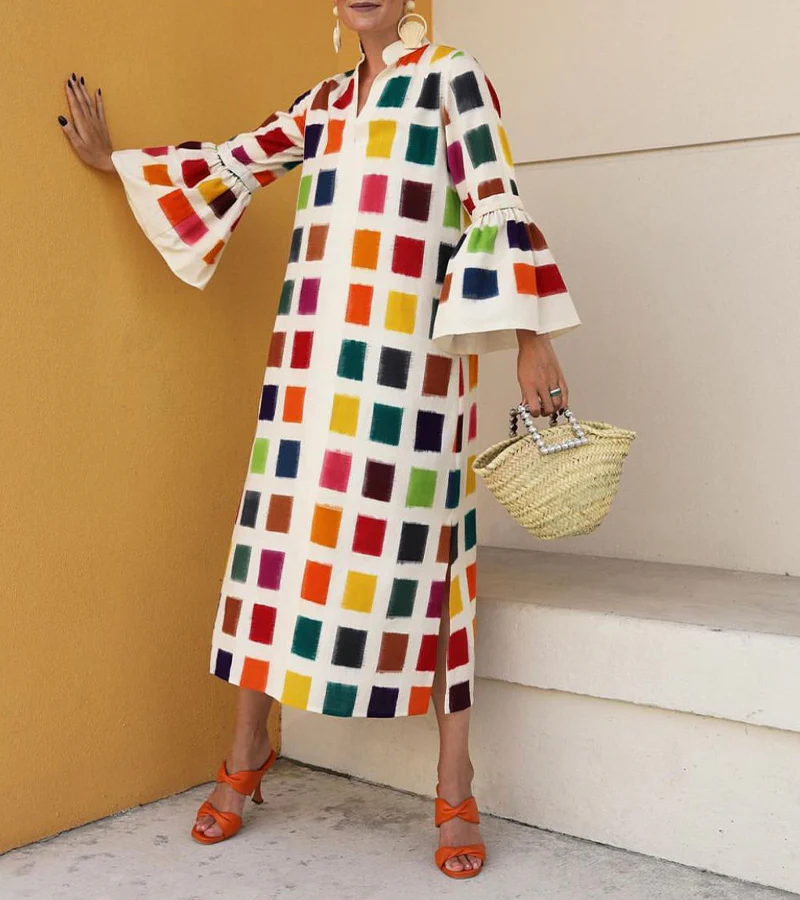 Elegant Plaid Bell Sleeve Maxi DressClistos