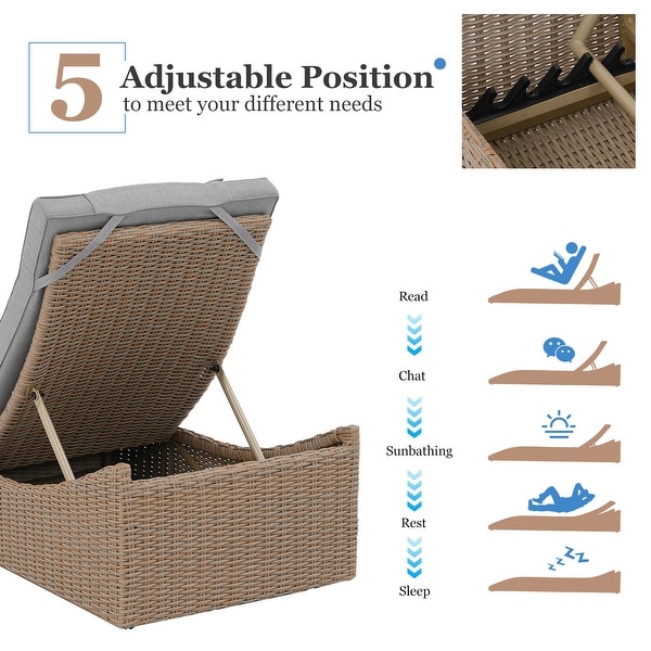 Patio Wicker Chaise Lounge Recliner Foldable Chair,w/ 5 Adjustable Back Positions and Cushion