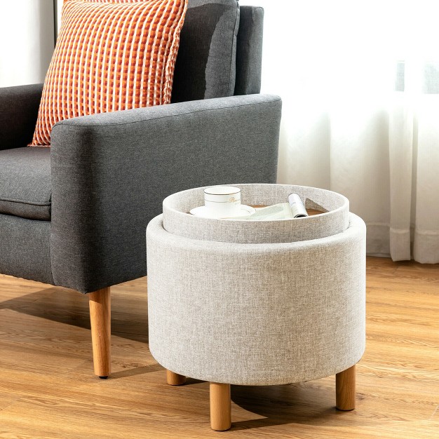 Costway Round Storage Ottoman W tray Top Accent Padded Footrest W wood Legs Grey beige