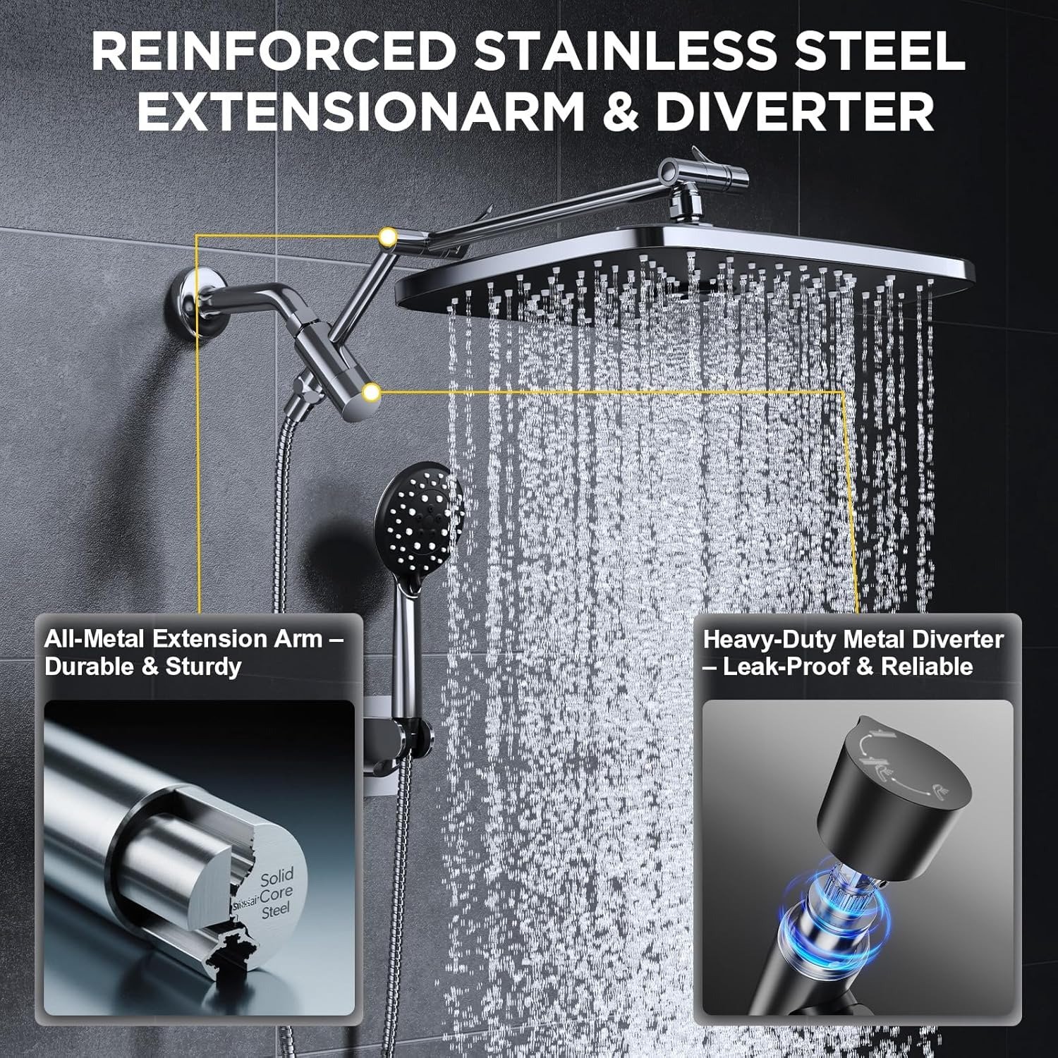 14′′ Wide Rain Shower Head with Handheld, High Pressure Handheld Shower Heads with Multi Spray Modes, Rainfall Combo with Metal Extension Arm,Detachable Dual Shower, Extra Long Hose,Silver Chrome