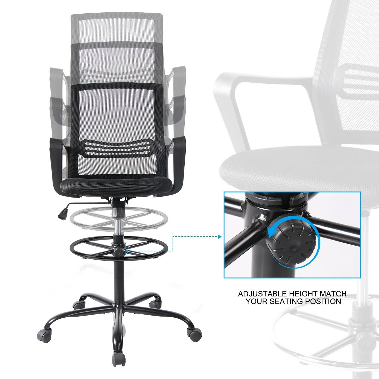 Home Office Computer Task Drafting Chair Black Adjustable Height Foot Ring Swivel Stool