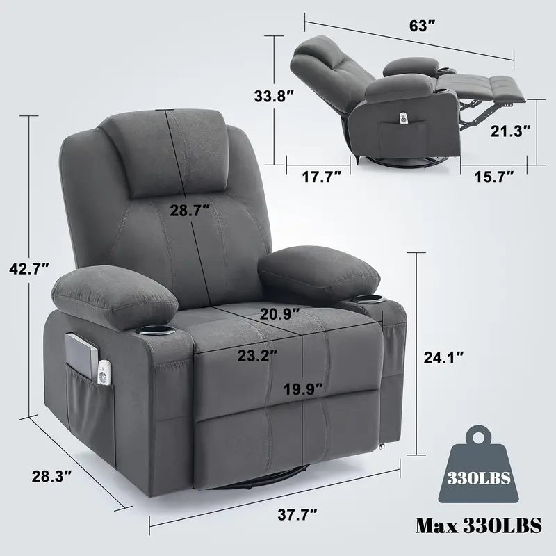 Premium Swivel Rocking Recliner – Heated & Massaging, 360° Rotation, Single-Seat Lounge Sofa