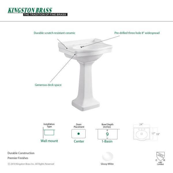 Kingston Brass Traditional Pedestal Combo Bathroom Vessel Sink in White with 8 in. Widespread YVPB3248