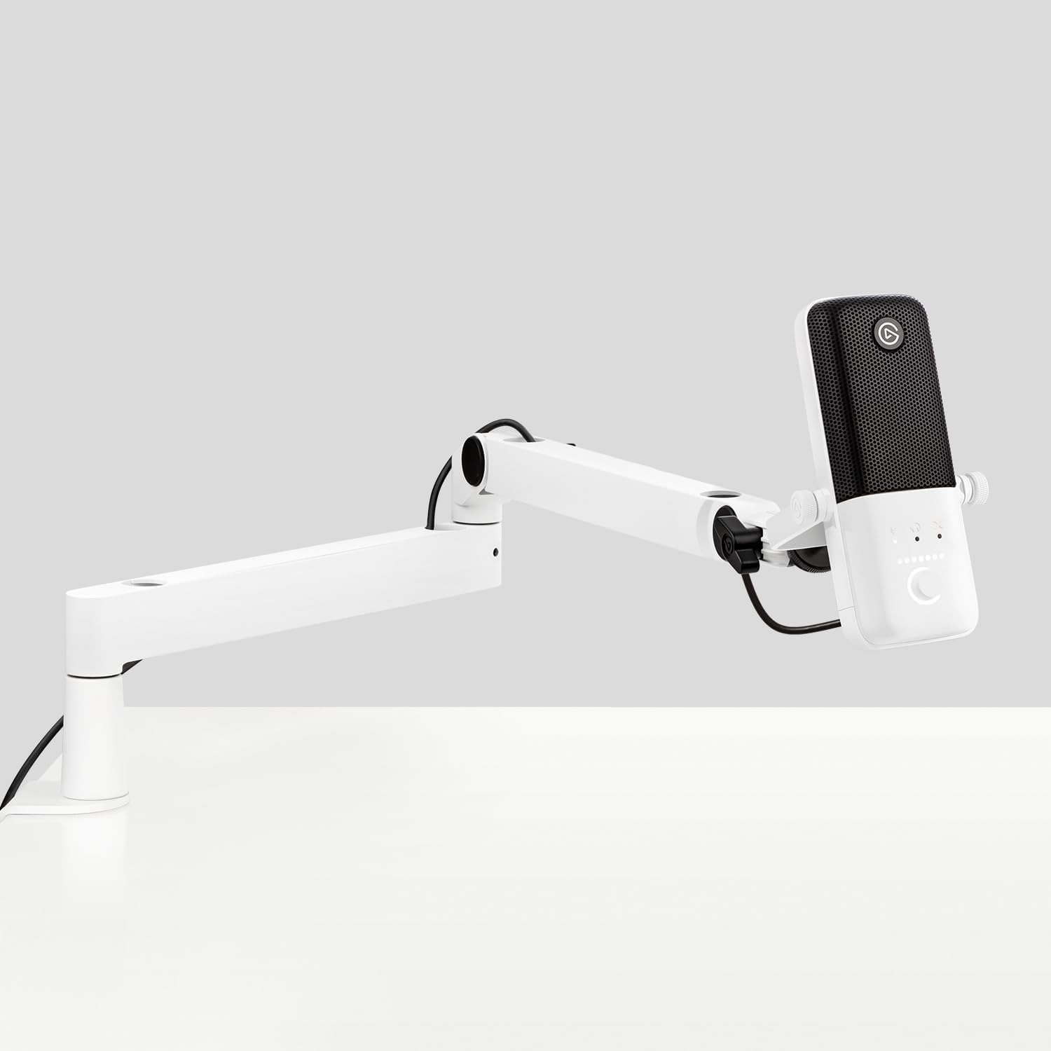 White with Mic Arm Low Profile, Fully Adjustable with Cable Management Channel, perfect for Podcast, Streaming, Gaming, Home Office, Free Mixer Software