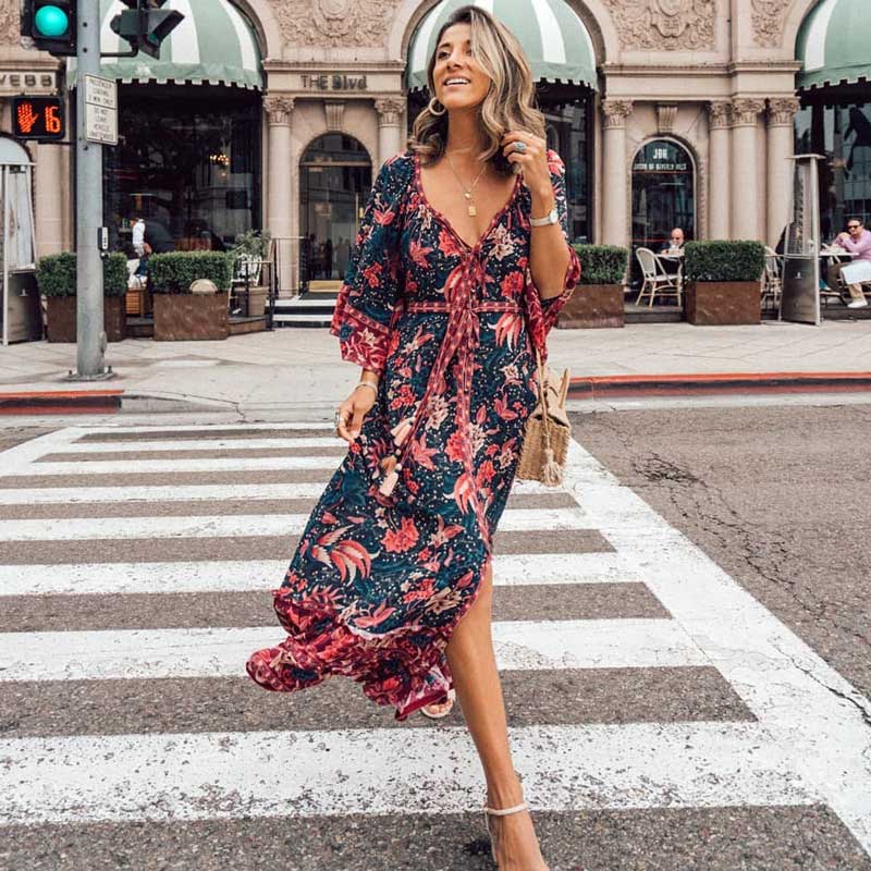 Boho Maxi Dress with Bell Sleeves & RufflesClistos