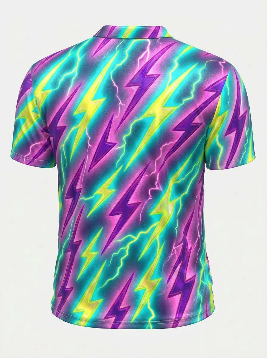 Moisture Wicking Golf Polo 3D Purple Teal Yellow Lightning Button Short Sleeve Golf Polo Shirt